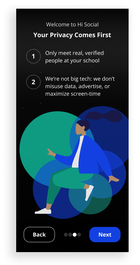 An example screen that you can see during onboarding. It talks about how the user's privacy comes first, we only let in people with verified .EDU emails, and we prioritize data safety.