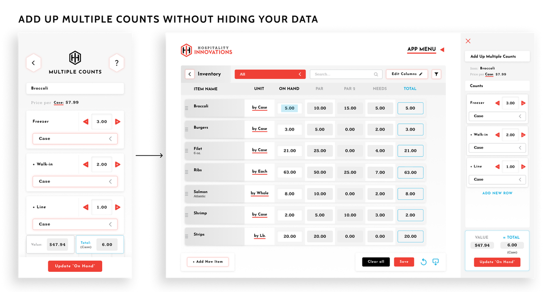 Adding up multiple counts is better on web, because you can see your inventory concurrently. On mobile, you add them up on a new screen.