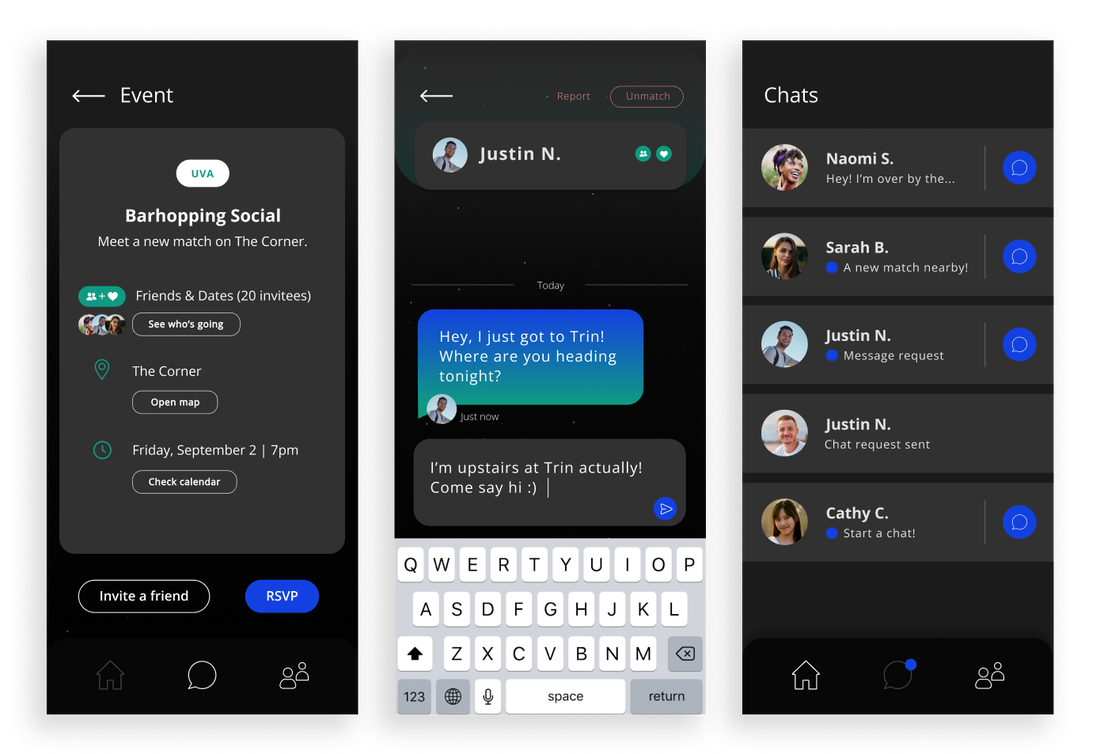 Screens showing an example event you could be invited to, an example chat of someone finding their connection in real life, and a list of chats that a user might see.